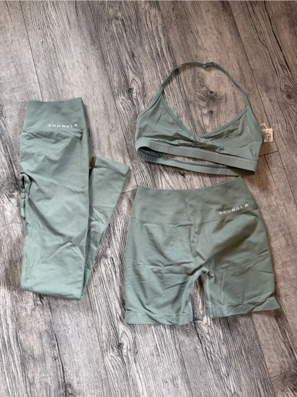 YoungLA Sage Green Activewear Set - Top, Sports Bra, Leggings